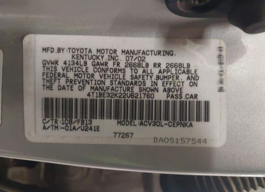 Photo 9 of 2002 Toyota Camry LE (VIN 4T1BE32K22U621760)