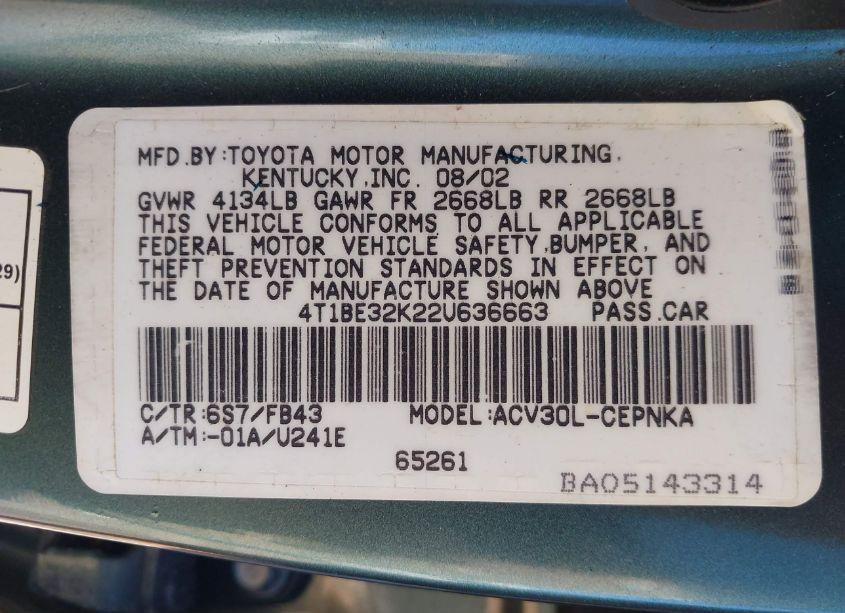 Photo 9 of 2002 Toyota Camry LE (VIN 4T1BE32K22U636663)
