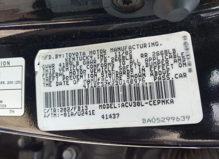 Photo 9 of 2003 Toyota Camry LE (VIN 4T1BE32K23U148976)