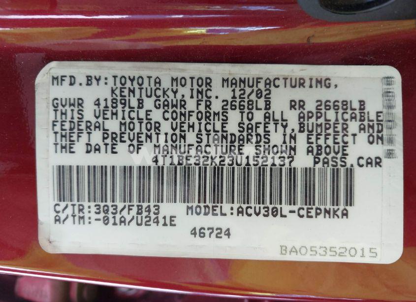 Photo 9 of 2003 Toyota Camry LE (VIN 4T1BE32K23U152137)