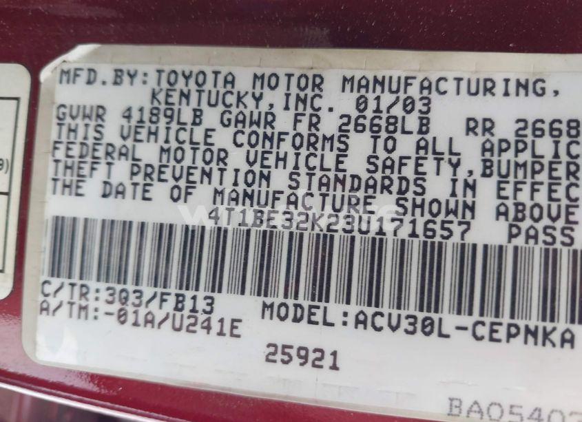 Photo 9 of 2003 Toyota Camry LE (VIN 4T1BE32K23U171657)