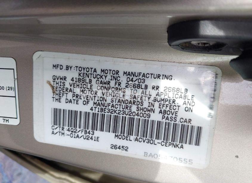 Photo 9 of 2003 Toyota Camry LE (VIN 4T1BE32K23U204009)