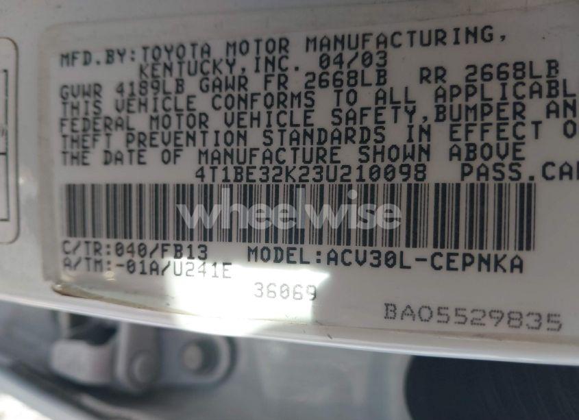 Photo 9 of 2003 Toyota Camry LE (VIN 4T1BE32K23U210098)