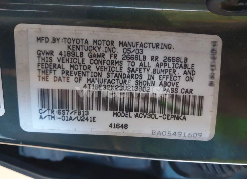 Photo 9 of 2003 Toyota Camry LE (VIN 4T1BE32K23U213602)