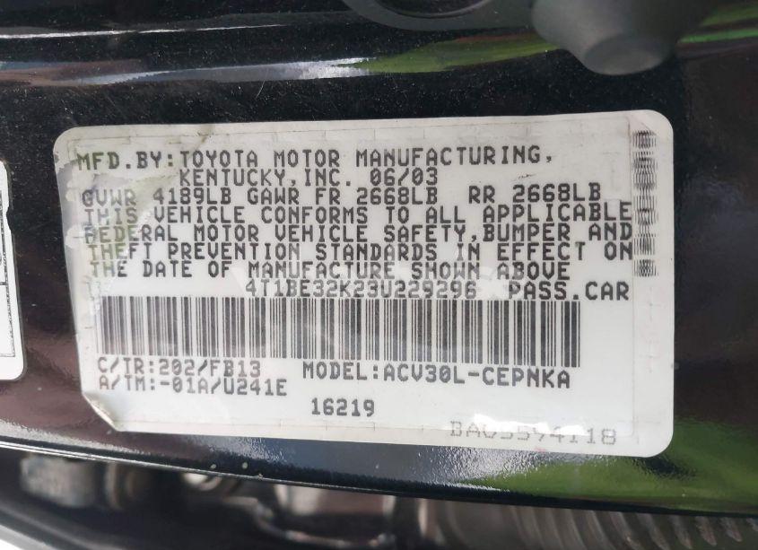 Photo 12 of 2003 Toyota Camry LE (VIN 4T1BE32K23U229296)