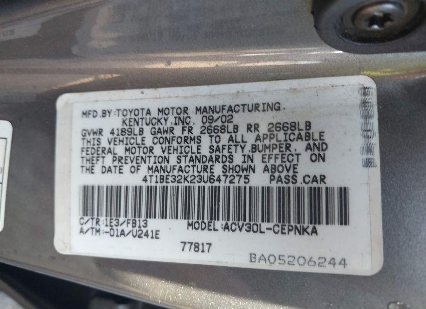 Photo 9 of 2003 Toyota Camry LE (VIN 4T1BE32K23U647275)