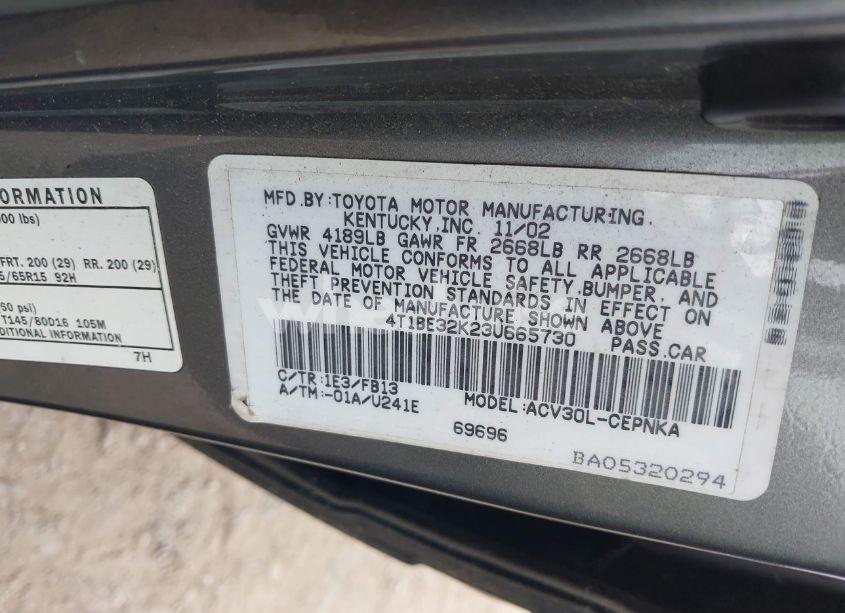 Photo 9 of 2003 Toyota Camry LE (VIN 4T1BE32K23U665730)