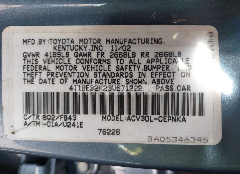 Photo 9 of 2003 Toyota Camry LE (VIN 4T1BE32K23U671222)