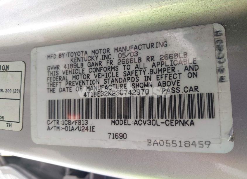 Photo 9 of 2003 Toyota Camry LE (VIN 4T1BE32K23U742970)