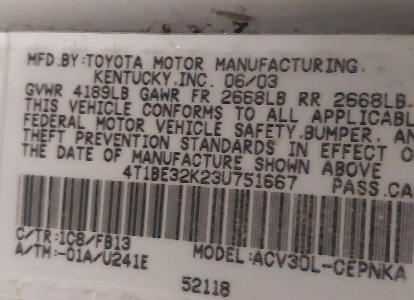 Photo 9 of 2003 Toyota Camry LE (VIN 4T1BE32K23U751667)