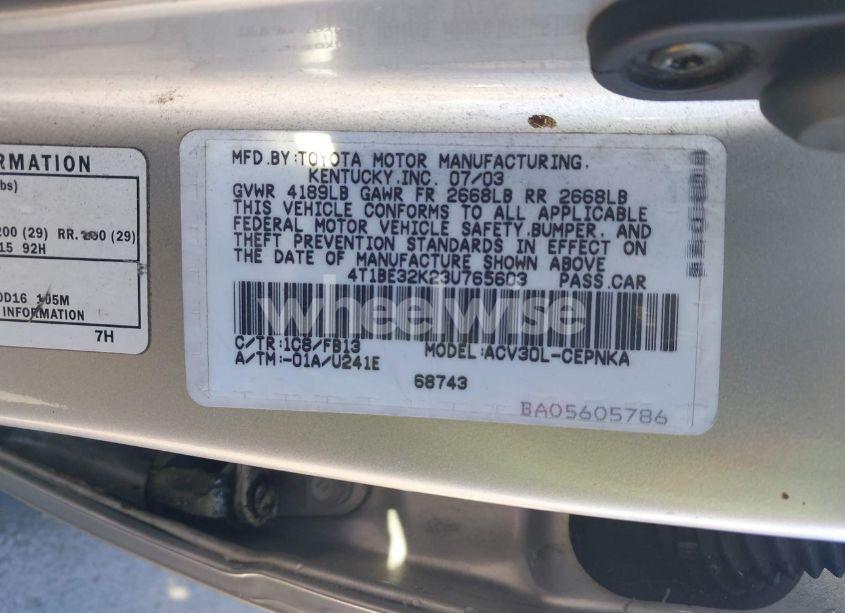 Photo 9 of 2003 Toyota Camry LE (VIN 4T1BE32K23U765603)