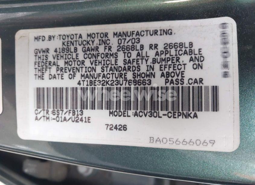 Photo 9 of 2003 Toyota Camry LE (VIN 4T1BE32K23U768663)