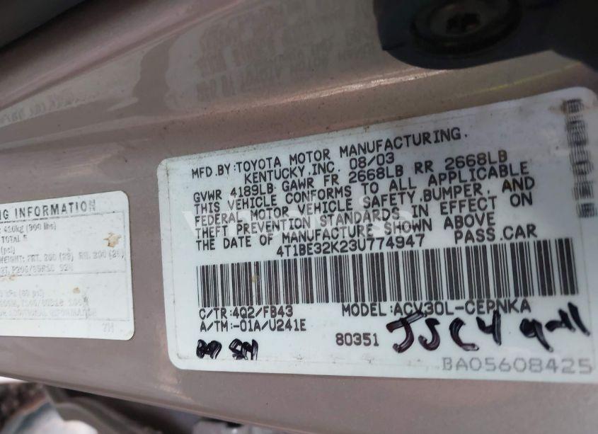 Photo 9 of 2003 Toyota Camry LE (VIN 4T1BE32K23U774947)