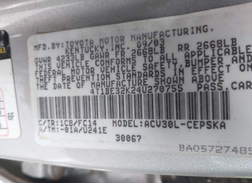 Photo 9 of 2004 Toyota Camry SE (VIN 4T1BE32K24U270755)