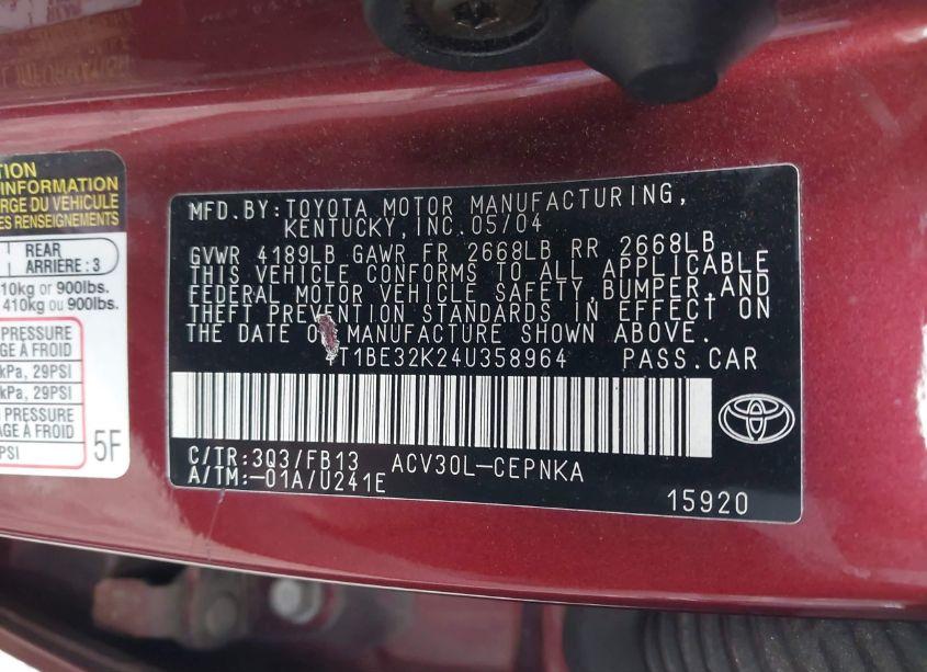 Photo 9 of 2004 Toyota Camry LE (VIN 4T1BE32K24U358964)