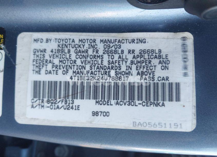 Photo 9 of 2004 Toyota Camry LE (VIN 4T1BE32K24U788817)
