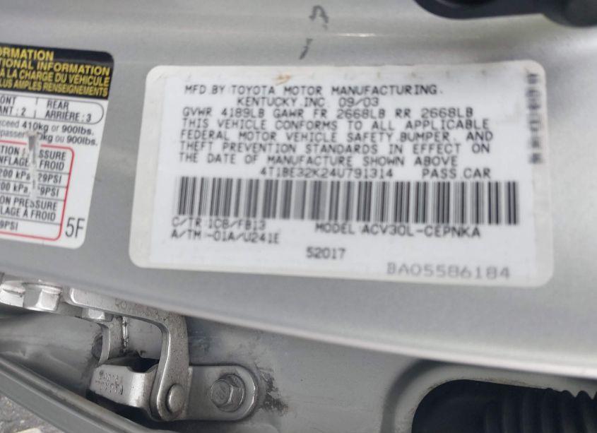Photo 9 of 2004 Toyota Camry LE (VIN 4T1BE32K24U791314)