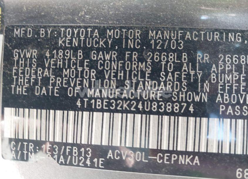 Photo 9 of 2004 Toyota Camry LE (VIN 4T1BE32K24U838874)