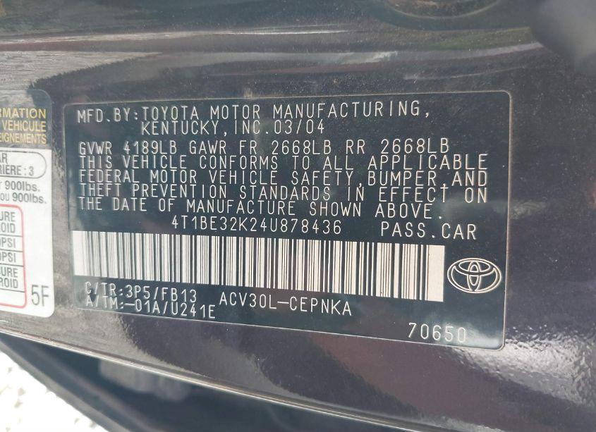 Photo 9 of 2004 Toyota Camry LE (VIN 4T1BE32K24U878436)