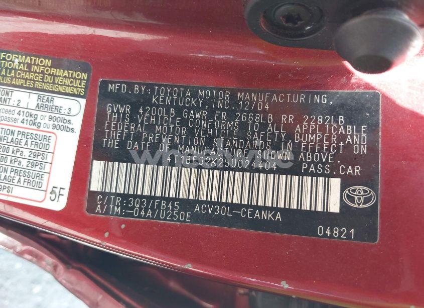 Photo 9 of 2005 Toyota Camry LE/XLE/SE (VIN 4T1BE32K25U024404)