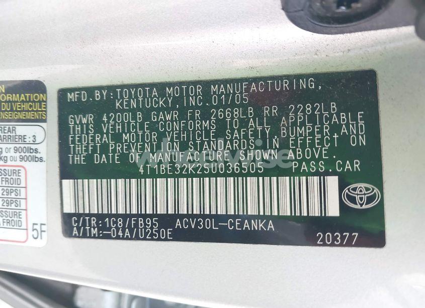 Photo 9 of 2005 Toyota Camry LE (VIN 4T1BE32K25U036505)