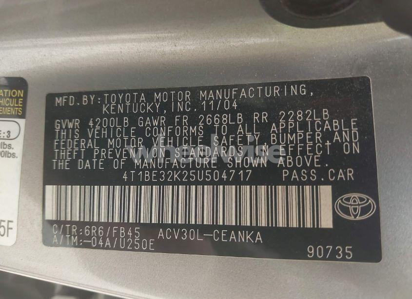 Photo 9 of 2005 Toyota Camry LE (VIN 4T1BE32K25U504717)