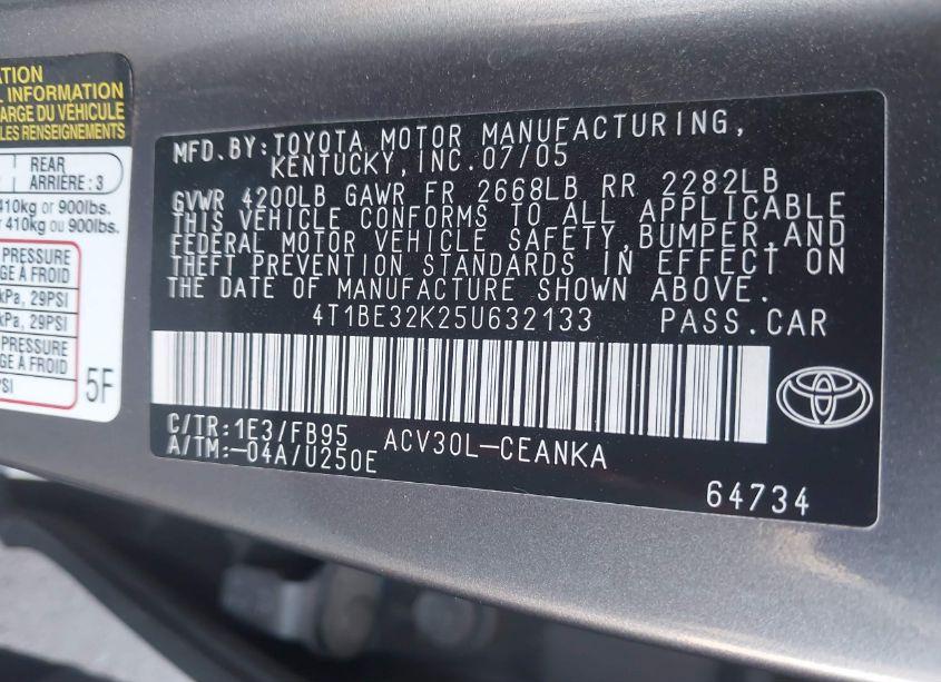 Photo 9 of 2005 Toyota Camry LE (VIN 4T1BE32K25U632133)