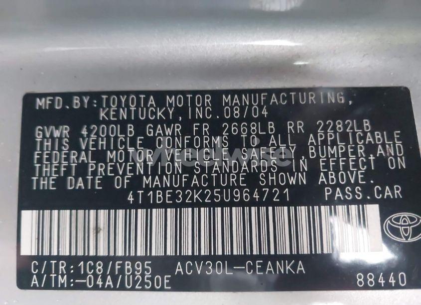 Photo 9 of 2005 Toyota Camry LE (VIN 4T1BE32K25U964721)