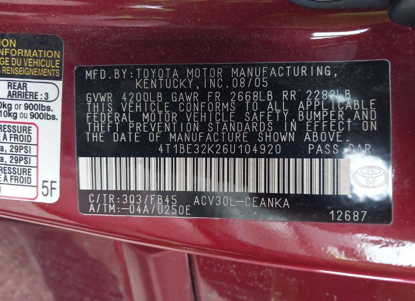 Photo 9 of 2006 Toyota Camry LE (VIN 4T1BE32K26U104920)