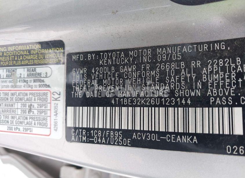 Photo 9 of 2006 Toyota Camry LE (VIN 4T1BE32K26U123144)
