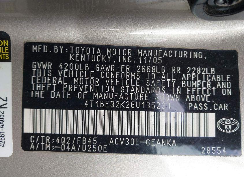 Photo 9 of 2006 Toyota Camry LE (VIN 4T1BE32K26U135231)