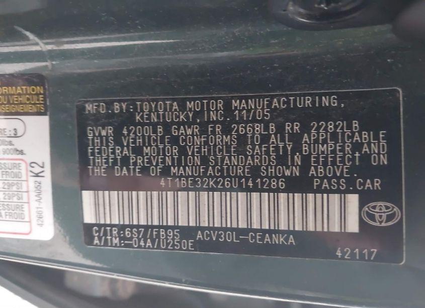 Photo 9 of 2006 Toyota Camry LE (VIN 4T1BE32K26U141286)