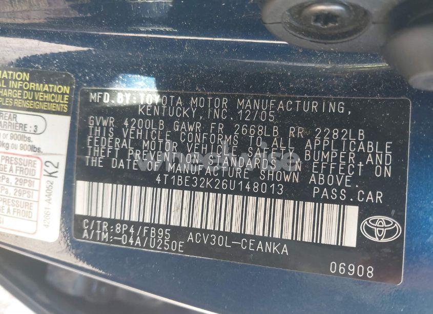 Photo 9 of 2006 Toyota Camry LE (VIN 4T1BE32K26U148013)