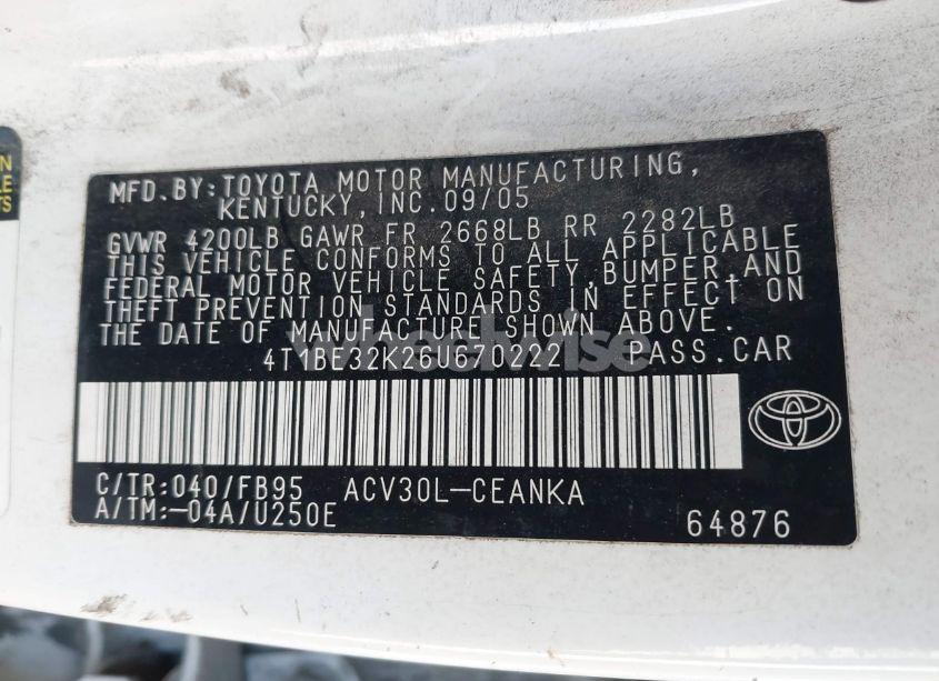 Photo 9 of 2006 Toyota Camry LE (VIN 4T1BE32K26U670222)