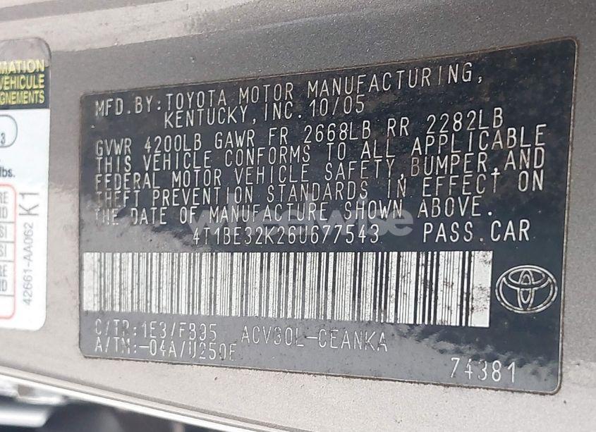 Photo 9 of 2006 Toyota Camry STD (VIN 4T1BE32K26U677543)