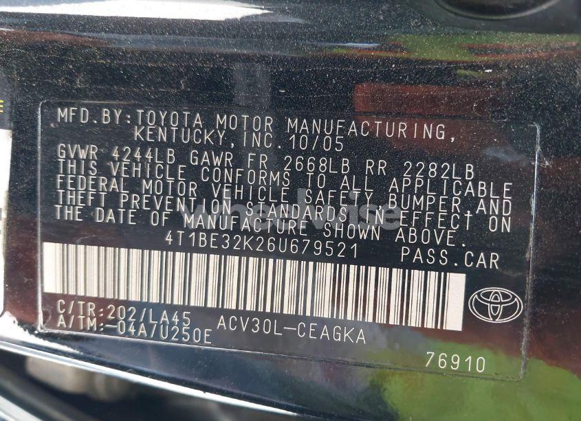 Photo 9 of 2006 Toyota Camry XLE (VIN 4T1BE32K26U679521)