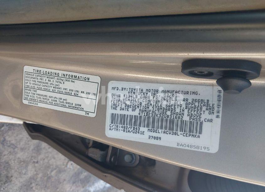Photo 9 of 2002 Toyota Camry LE (VIN 4T1BE32K32U031602)
