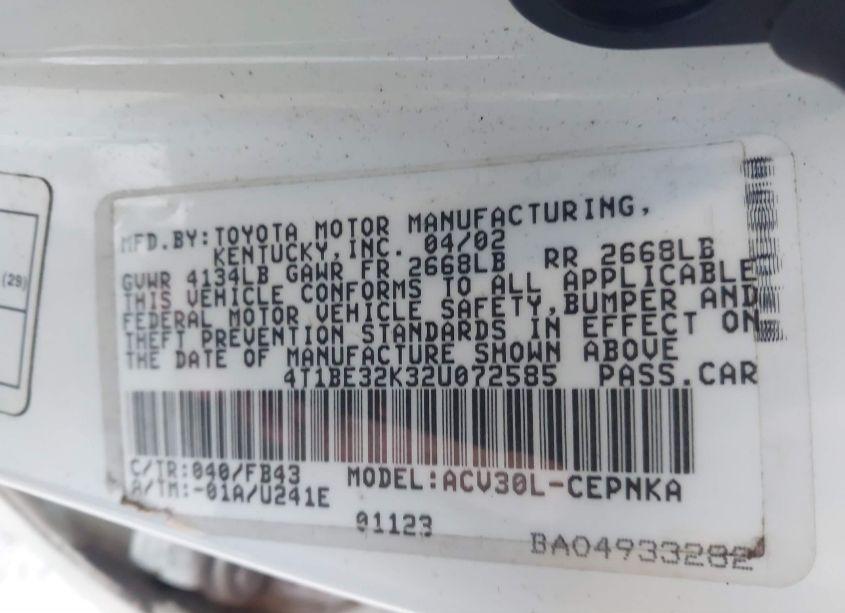 Photo 9 of 2002 Toyota Camry LE (VIN 4T1BE32K32U072585)