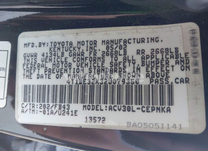 Photo 9 of 2002 Toyota Camry LE (VIN 4T1BE32K32U079360)