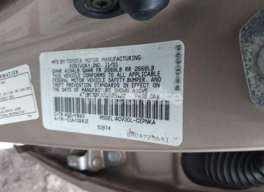 Photo 9 of 2002 Toyota Camry LE (VIN 4T1BE32K32U529122)