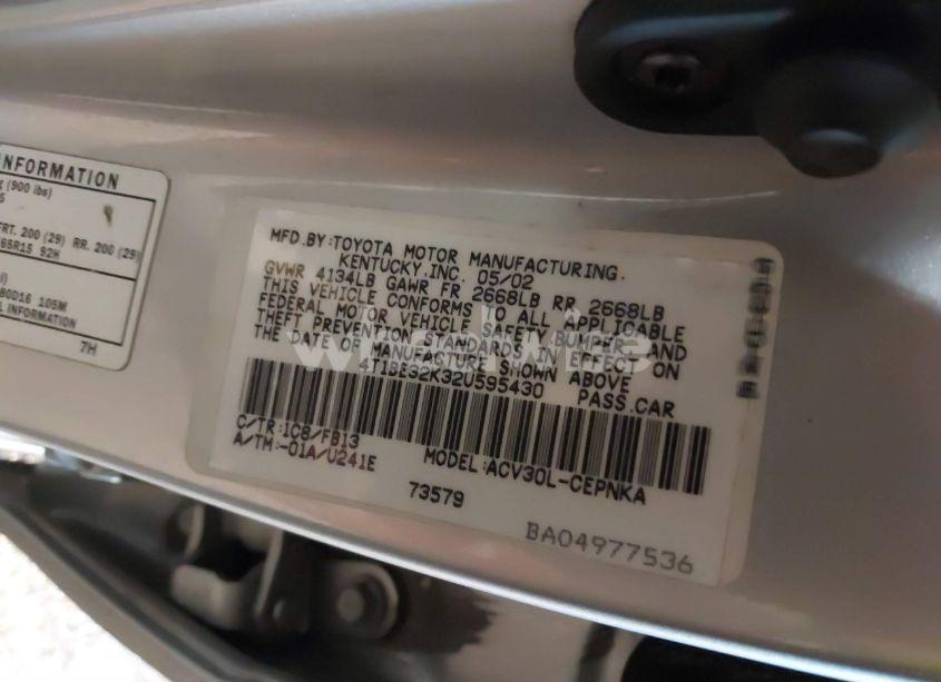 Photo 9 of 2002 Toyota Camry LE (VIN 4T1BE32K32U595430)