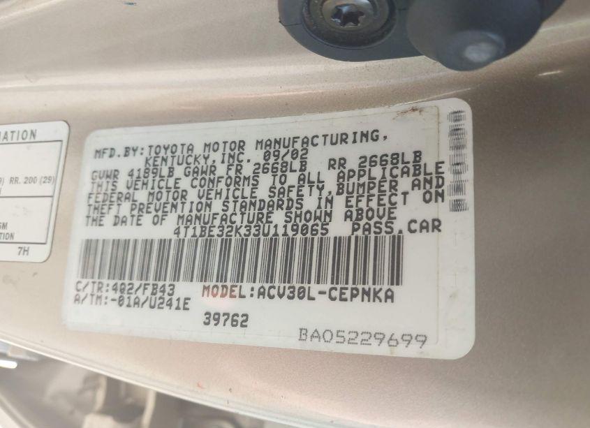 Photo 9 of 2003 Toyota Camry LE (VIN 4T1BE32K33U119065)