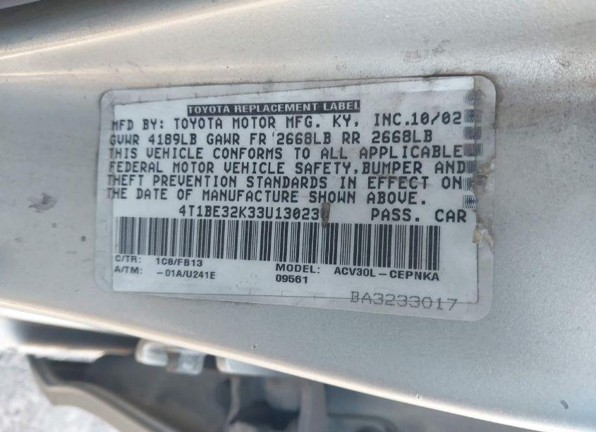 Photo 9 of 2003 Toyota Camry LE (VIN 4T1BE32K33U130230)