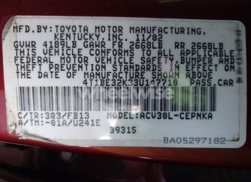 Photo 9 of 2003 Toyota Camry LE (VIN 4T1BE32K33U147710)