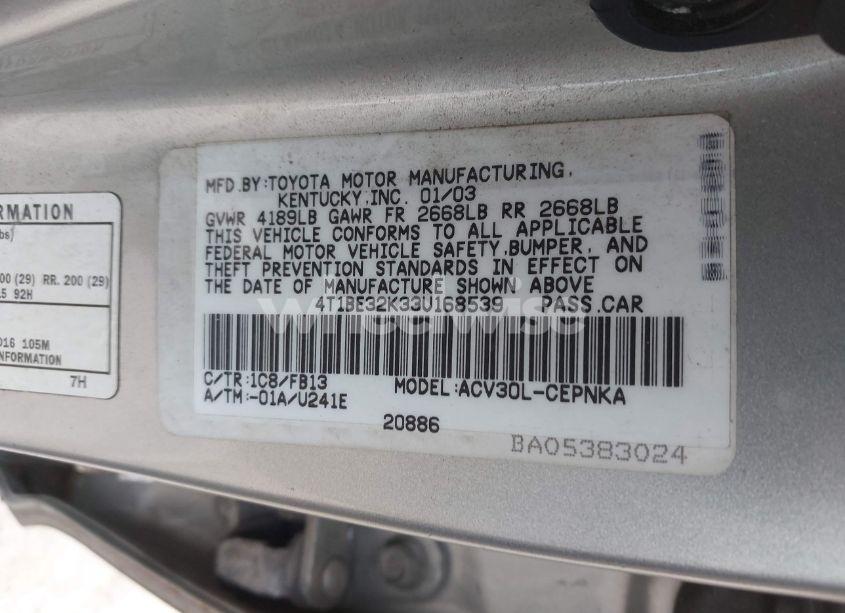 Photo 9 of 2003 Toyota Camry LE (VIN 4T1BE32K33U168539)