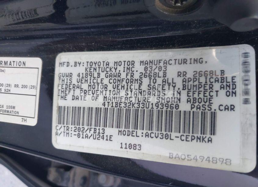 Photo 9 of 2003 Toyota Camry LE (VIN 4T1BE32K33U193960)