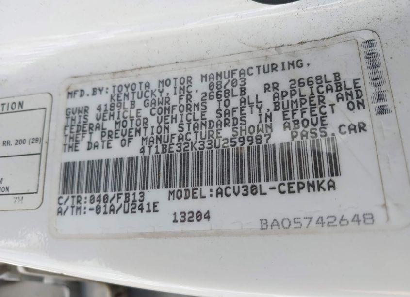 Photo 9 of 2003 Toyota Camry LE (VIN 4T1BE32K33U259987)