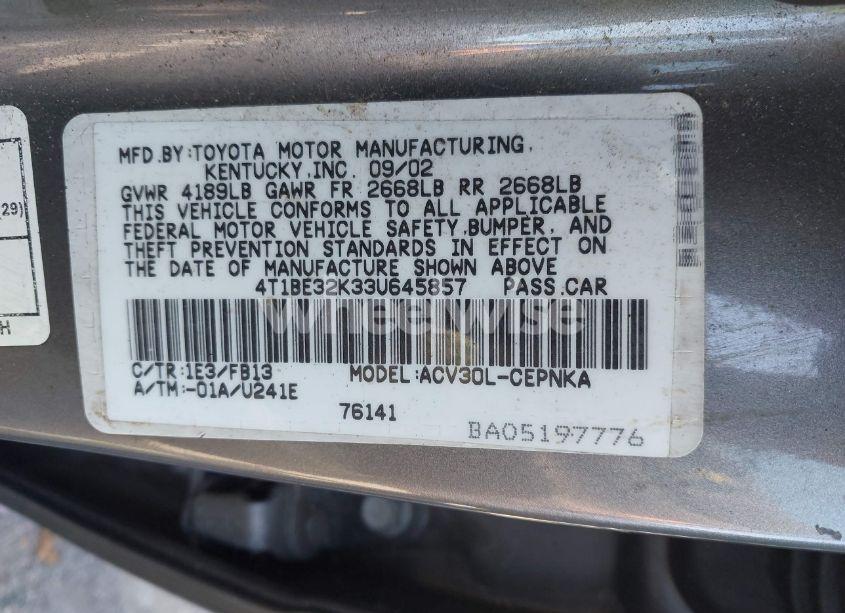 Photo 9 of 2003 Toyota Camry LE (VIN 4T1BE32K33U645857)