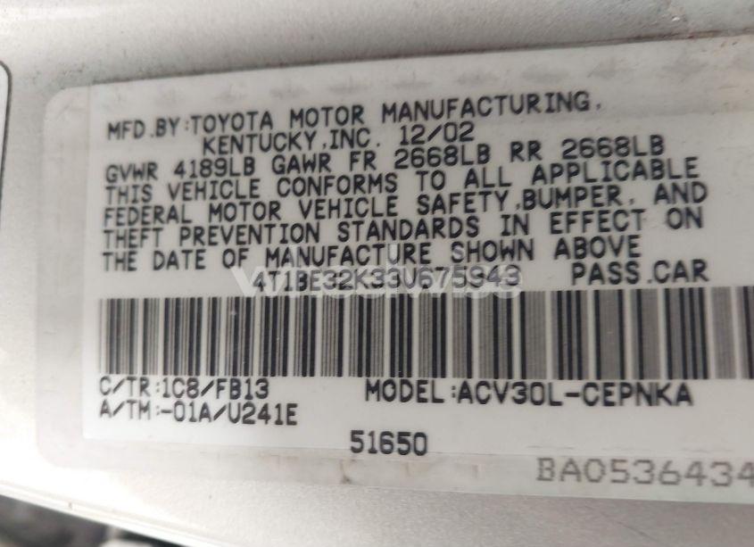 Photo 9 of 2003 Toyota Camry LE (VIN 4T1BE32K33U675943)