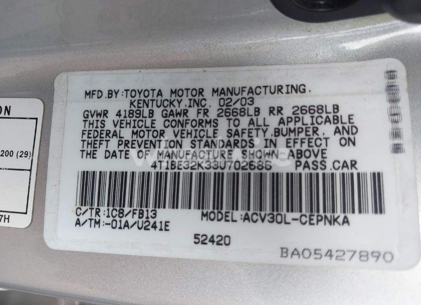 Photo 9 of 2003 Toyota Camry LE (VIN 4T1BE32K33U702686)